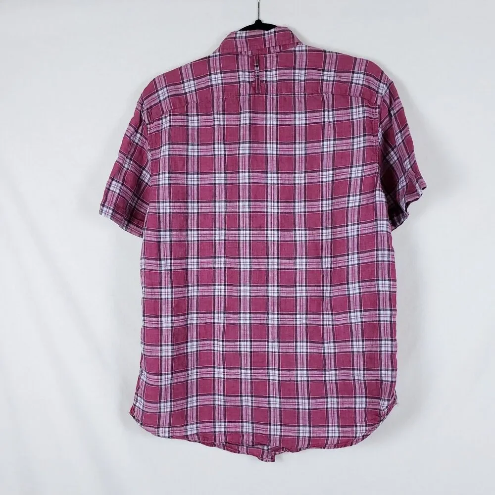 Banana Republic Camden Fit Linen Shirt Red Plaid Mens M Short Sleeve Preppy
